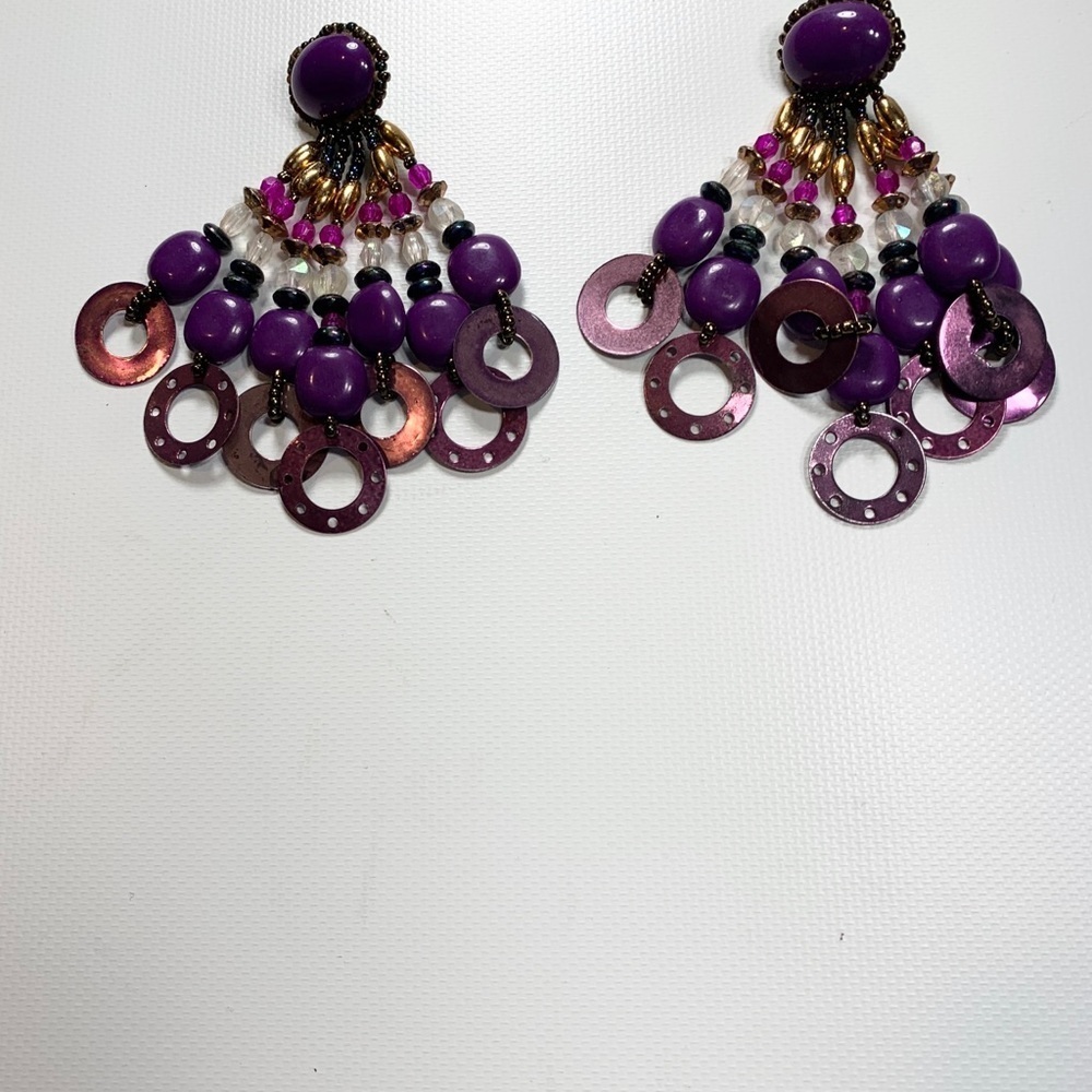 Purple Beaded Chunky Statement Earrings Sequins - Picture 7 of 8